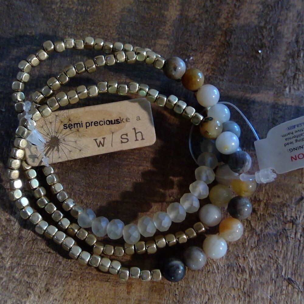 Make a Wish: 3 Gold Beaded Bracelets with Semi-Precious Stones